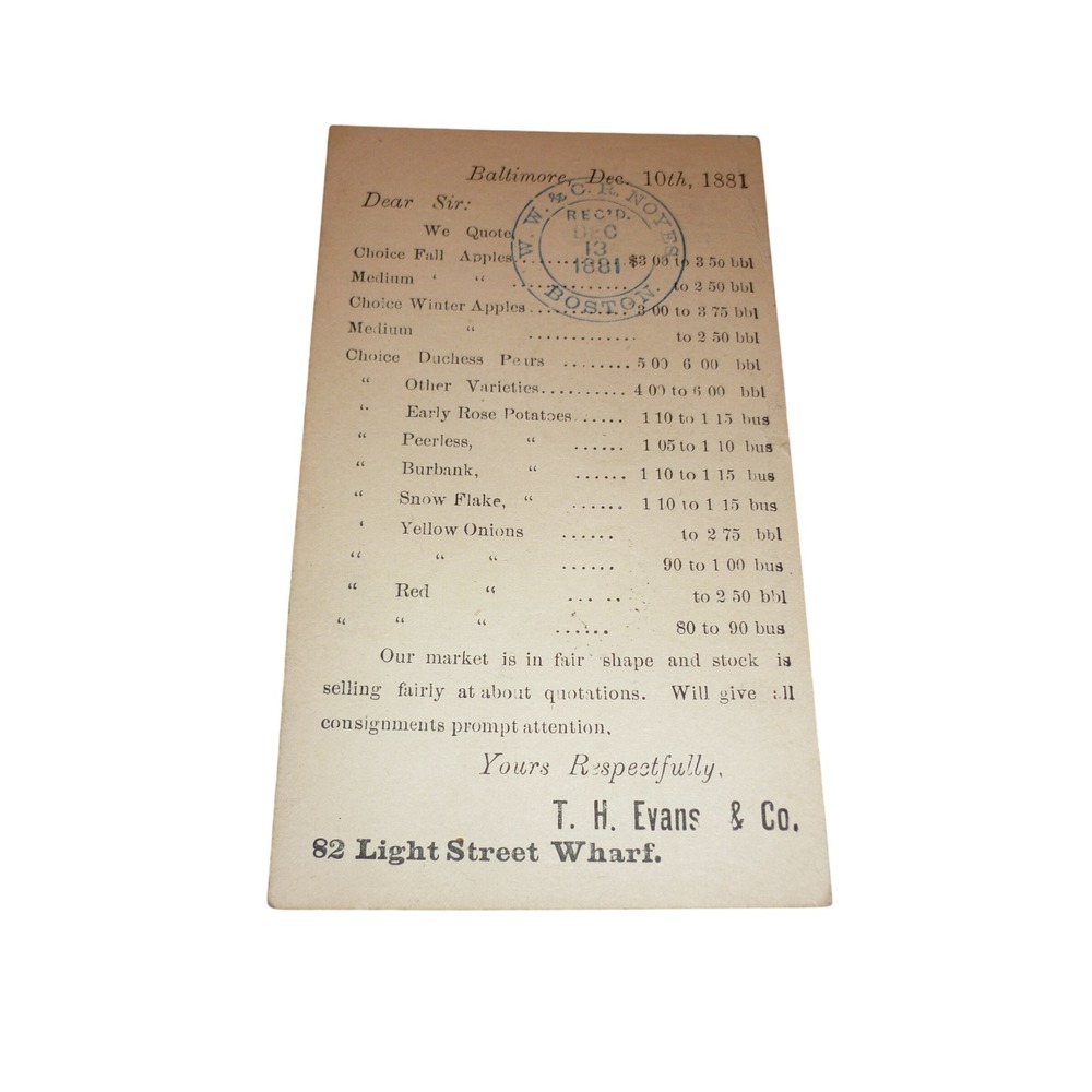 Antique 1881 Baltimore MD Postal Card T. H. Evans & Co Market Report Ephemera